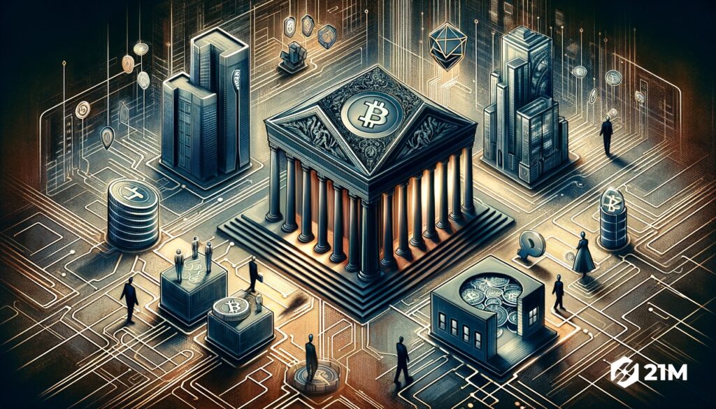 Illustration représentant le thème du contrôle bancaire sur la liberté financière dans le contexte des cryptomonnaies.