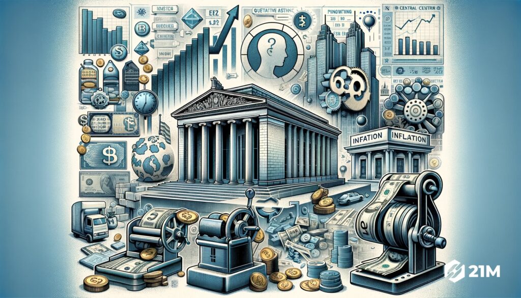 Illustration détaillée représentant l'assouplissement quantitatif, l'inflation, les politiques des banques centrales et leur impact sur l'économie et la valeur monétaire.