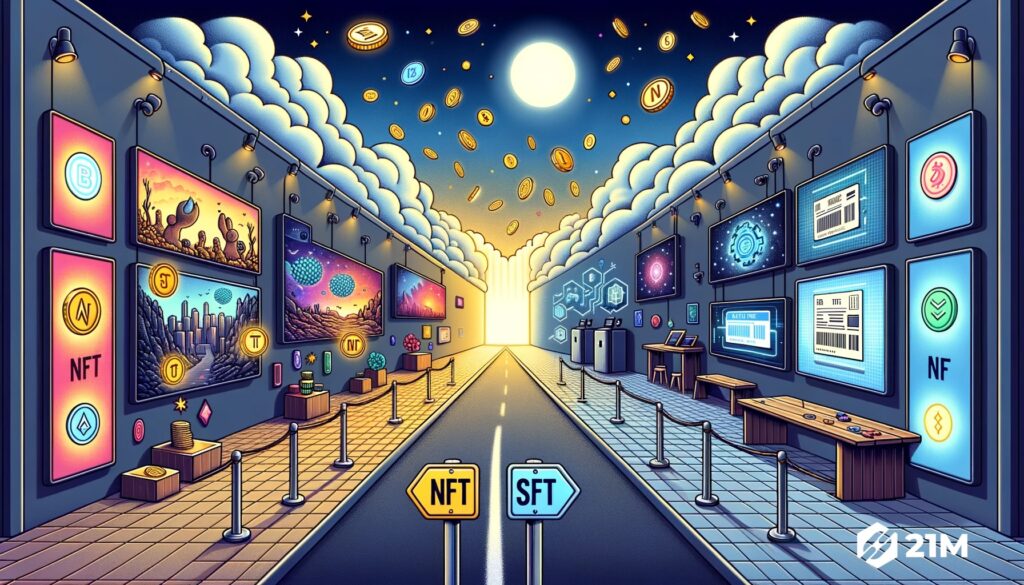 Illustration des concepts de NFT et SFT dans l'écosystème numérique.