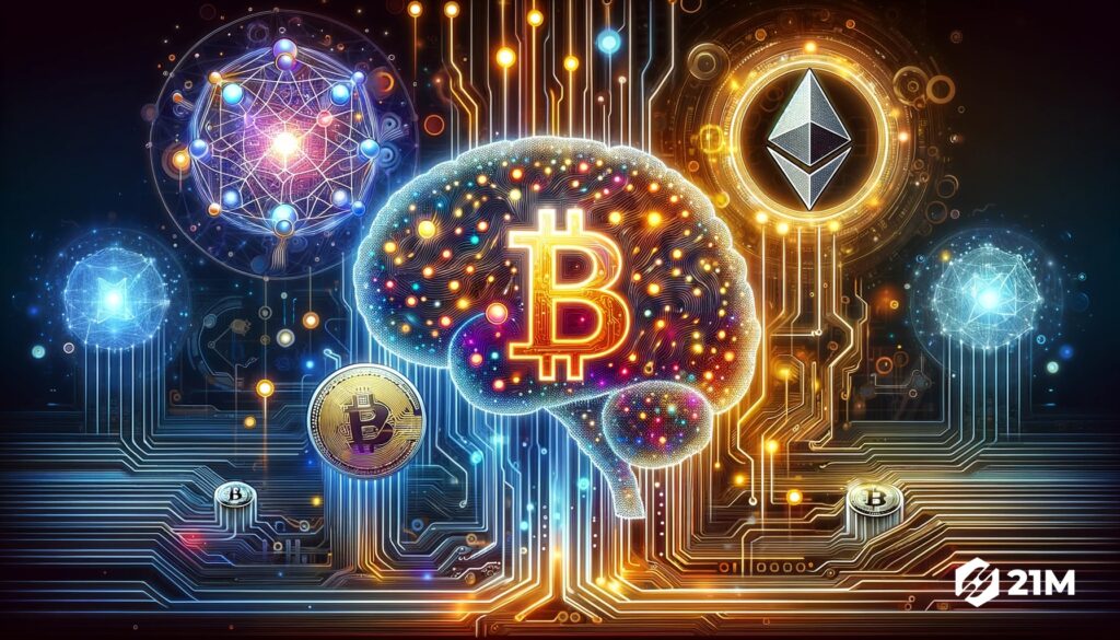 Illustration fusionnant l'intelligence artificielle avec les cryptomonnaies bitcoin et ether dans un paysage numérique futuriste.
