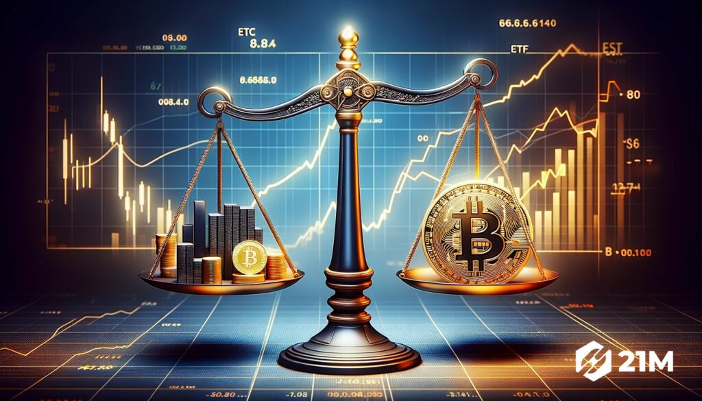 Une balance symbolisant l'investissement dans le bitcoin, avec d'un côté un ETF représenté par un graphique boursier et de l'autre un bitcoin physique représentant la détention directe.