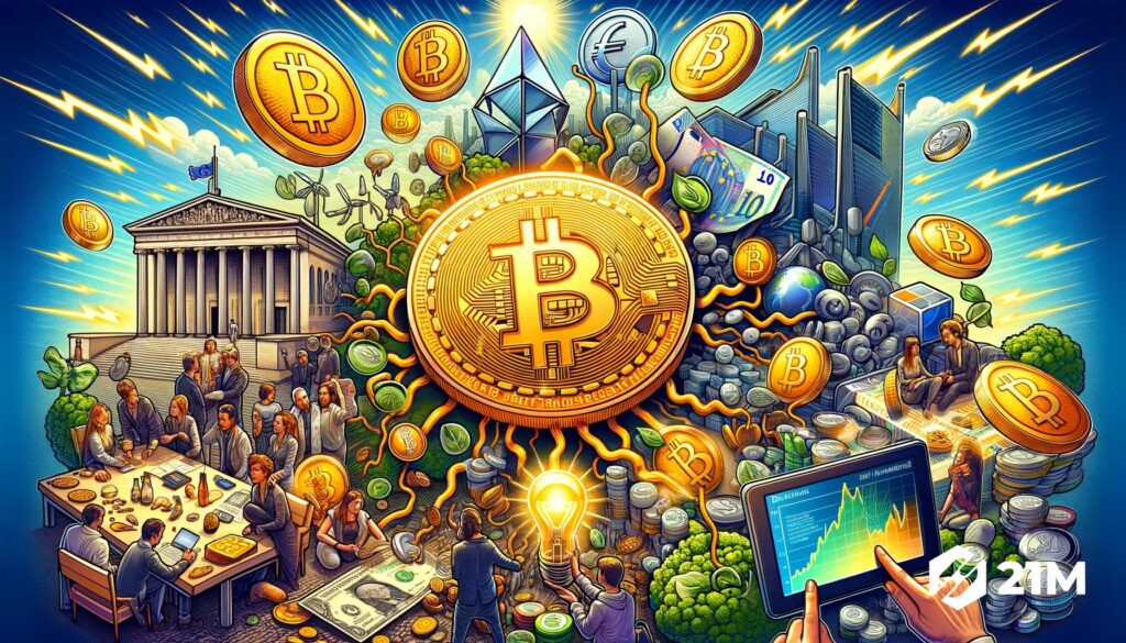 Illustration montrant des pièces de bitcoin et des euros avec le siège de la Banque Centrale Européenne en arrière-plan, des personnes discutant de leur choix monétaire, et des éléments symbolisant l'énergie renouvelable et le réseau Lightning.