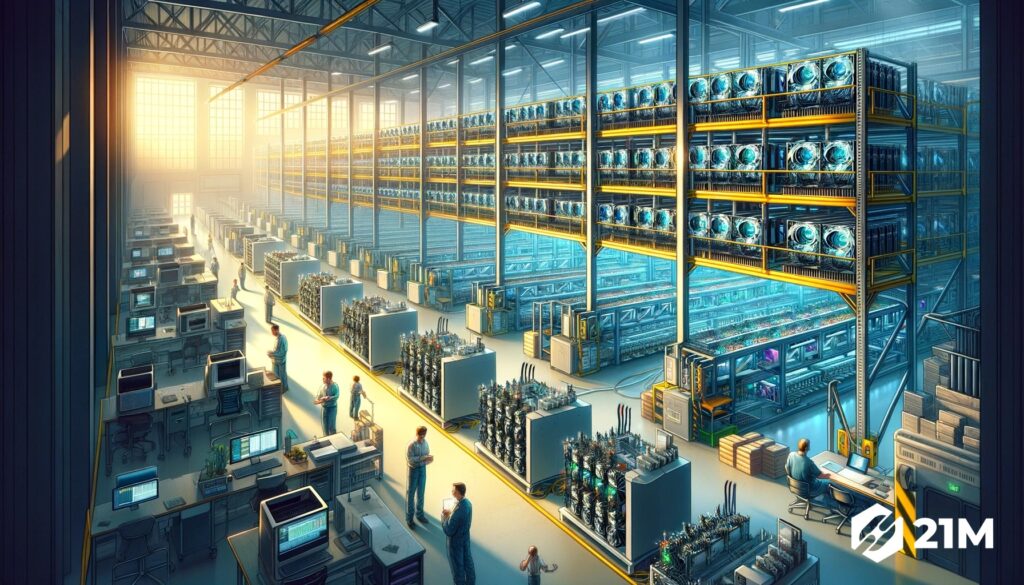 Centre de minage de bitcoin avec des rangées d'ordinateurs ASIC, illustrant l'impact du bitcoin dans le monde physique réel et industriel de la cryptomonnaie.