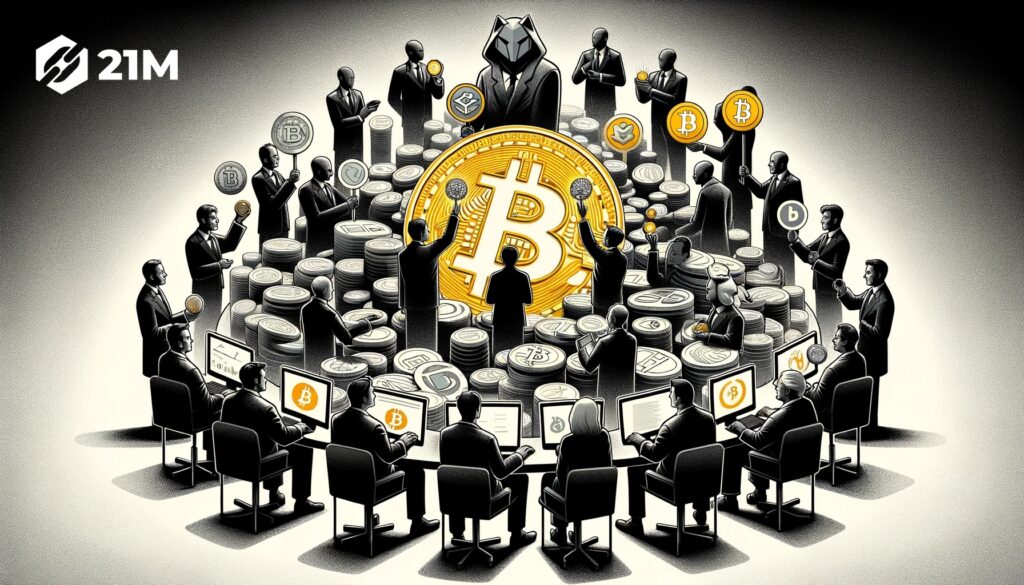 Grande institutions financières entourant un symbole de bitcoin avec des icônes pour les plateformes d'échange et une silhouette mystérieuse représentant Satoshi Nakamoto.