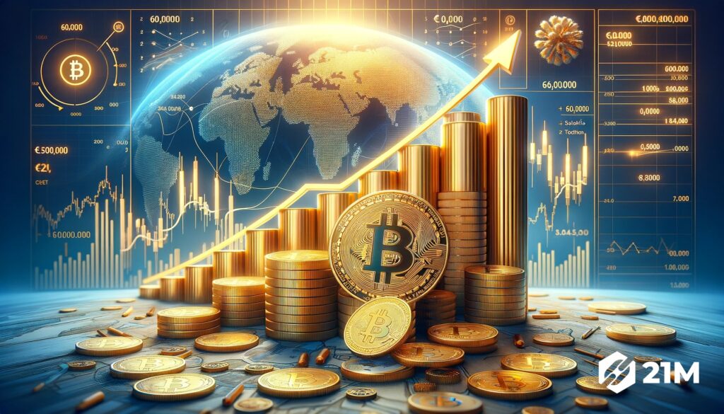 Graphiques financiers et globaux affichant le prix du bitcoin avec une repséentation de pièces de cryptomonnaie.