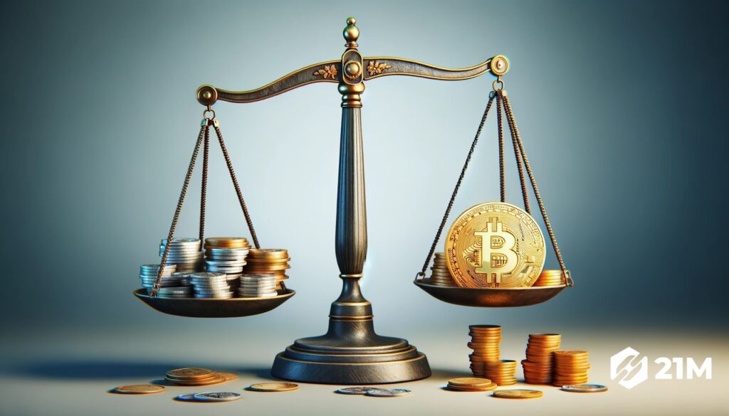 Balance symbolique comparant monnaie traditionnelle et bitcoin comme réserve de valeur.
