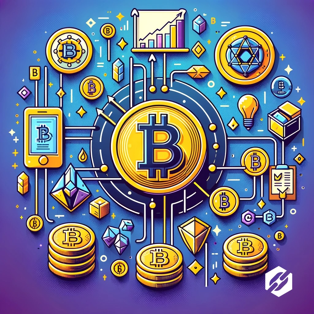 Illustration représentant Bitcoin et les cryptomonnaies, avec des symboles de la technologie blockchain de Bitcoin et des représentations visuelles de coins et de tokens.