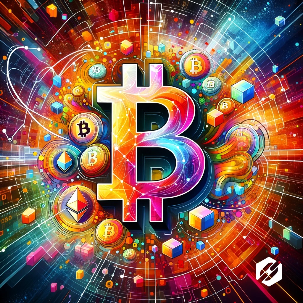 Illustration colorée représentant la technologie blockchain et des cryptomonnaies comme Bitcoin et Ethereum, symbolisée par un réseau de blocs interconnectés.