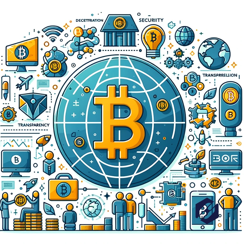 Illustration symbolisant les caractéristiques du réseau Bitcoin, telles que la décentralisation, la sécurité, la transparence et l'accessibilité mondiale.