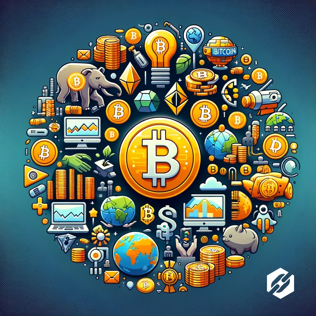 Illustration montrant la diversité des cryptomonnaies avec un accent sur Bitcoin, mis en évidence comme une entité distincte et prééminente.