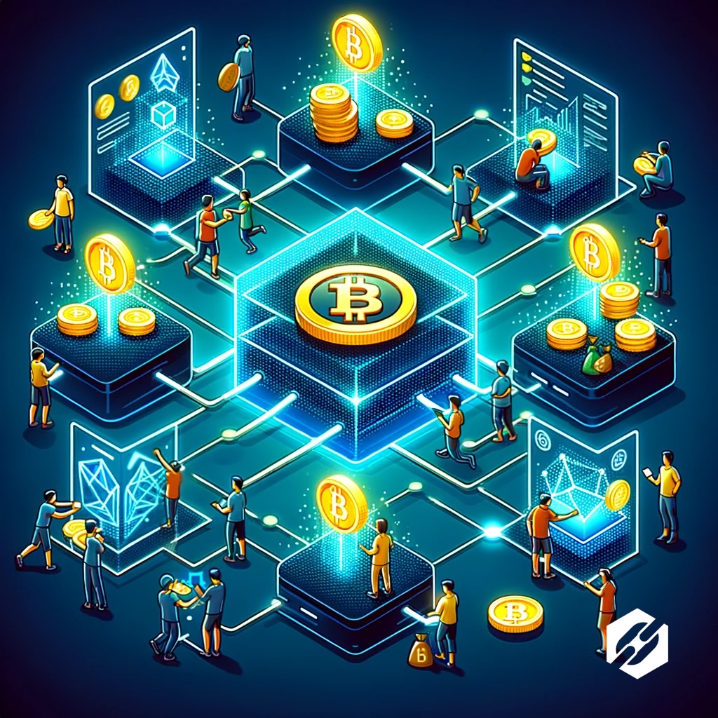 Illustration montrant des mineurs validant des transactions sur la chaine de blocs et recevant des récompenses en cryptomonnaies.