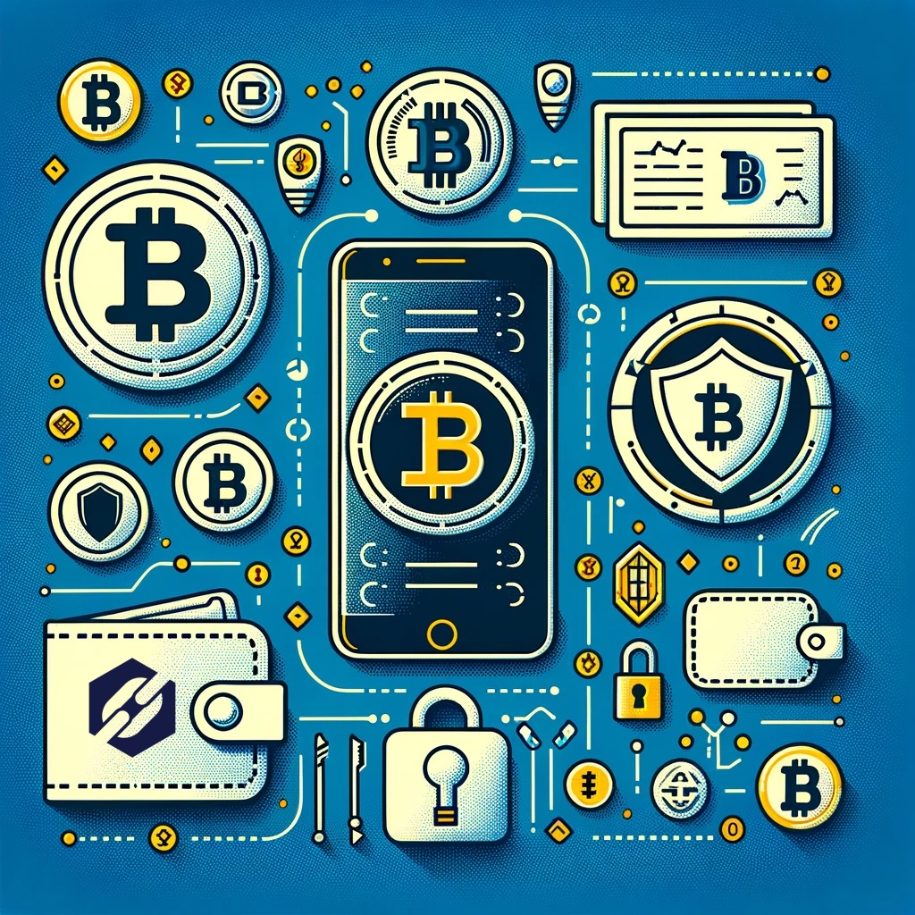 Illustration montrant un smartphone avec une application de portefeuille crypto et des symboles de sécurité comme un cadenas ou un bouclier.