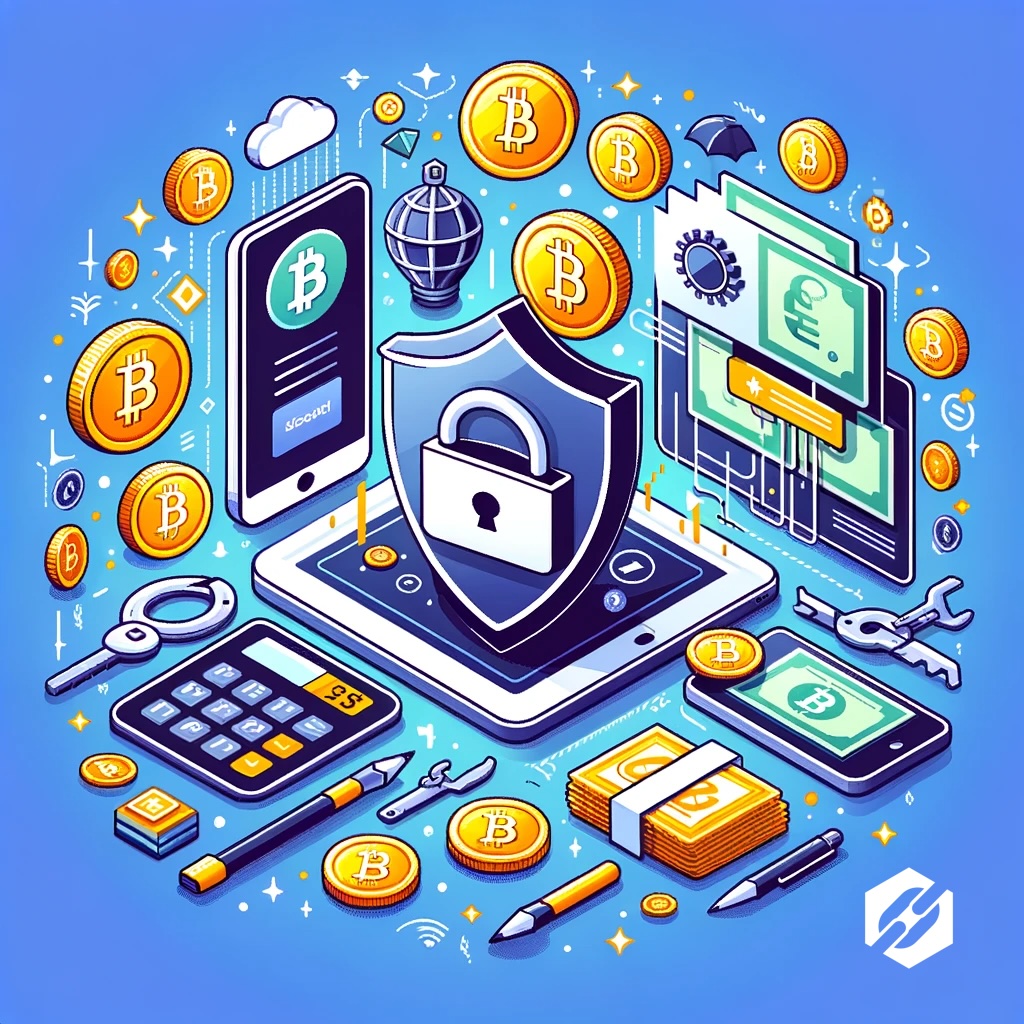 Illustration représentant la sécurisation des cryptomonnaies, mettant en évidence la sécurité et la protection dans l'espace des monnaies numériques, avec un accent sur les solutions de stockage sécurisées telles que les portefeuilles mobiles.