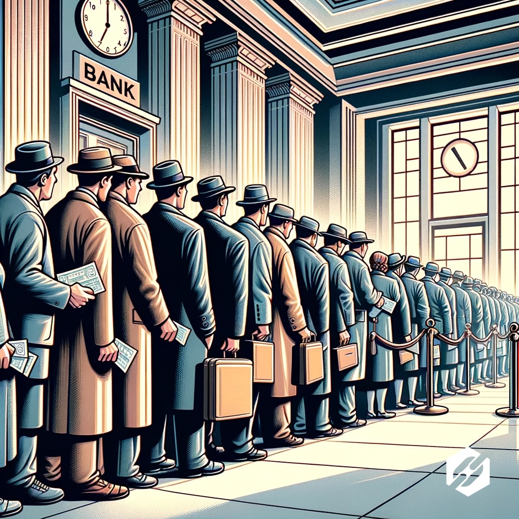 Illustration numérique moderne d'une scène de panique bancaire inspirée du film "It's A Wonderful Life", avec des clients anxieux en file d'attente dans une banque, tenant leurs livrets bancaires.