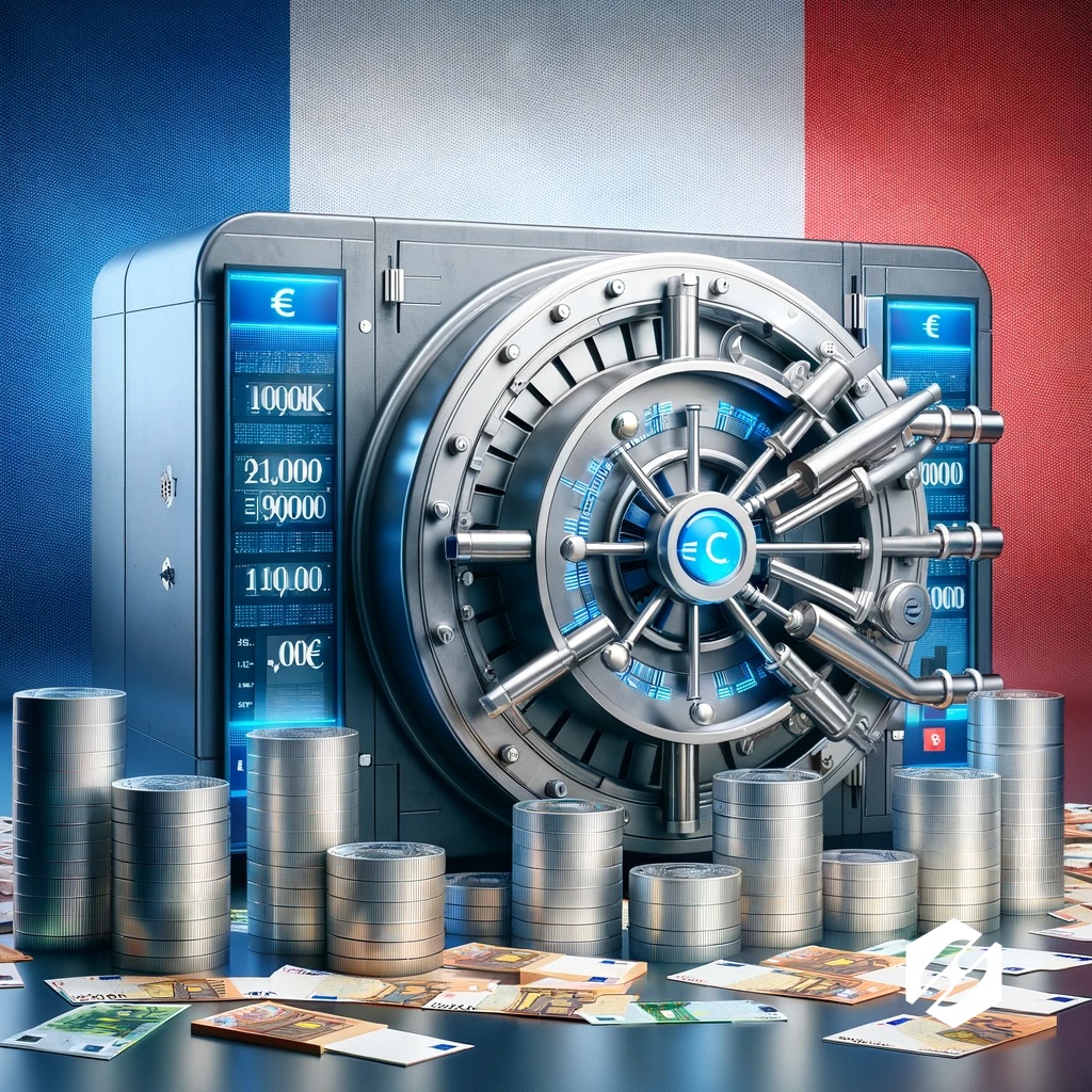 Illustration numérique moderne montrant un coffre-fort sécurisé avec une interface numérique et plusieurs petits coffres-forts marqués avec des montants jusqu'à 100 000 euros, sur un fond de drapeau français, symbolisant la garantie des dépôts bancaires en France.