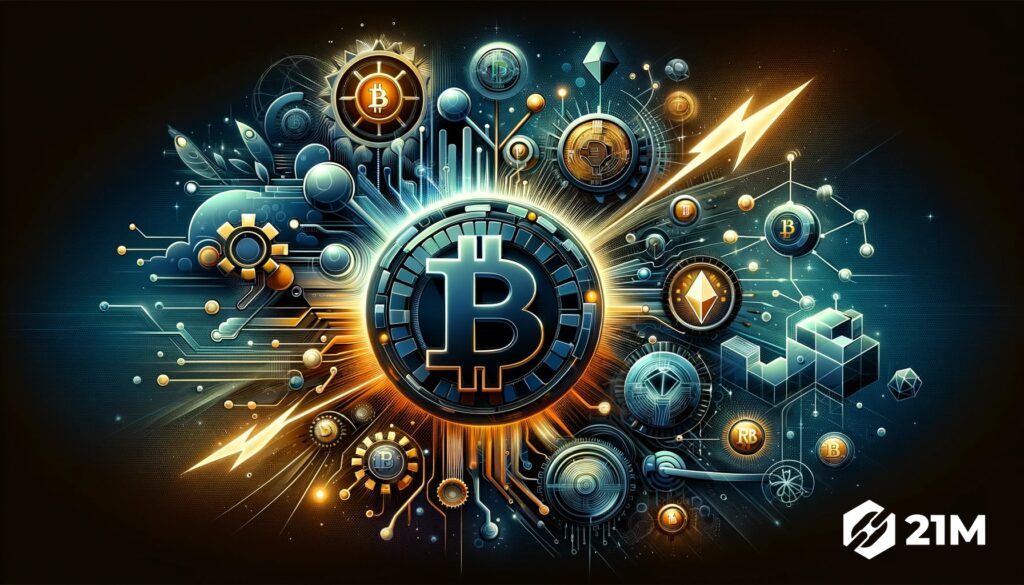 Illustration futuriste représentant Bitcoin au cœur d'un réseau de chaine de blocs